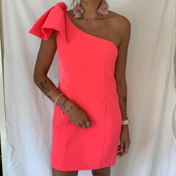 Neon Pink One Shoulder Bow Party Dress - Picture 1 of 3